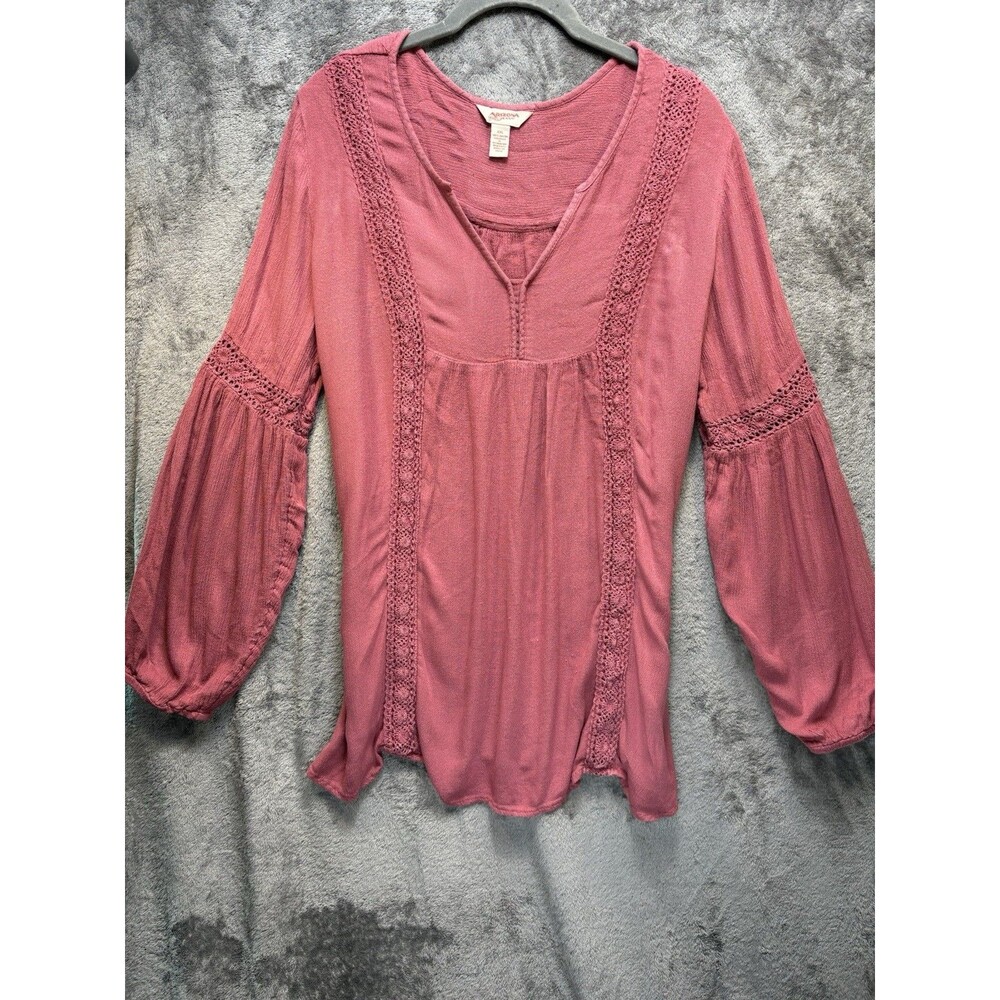 Arizona Jean Co Rose Solid Rayon Peasant Blouse 2XL V-Neck Long Sleeve Crochet